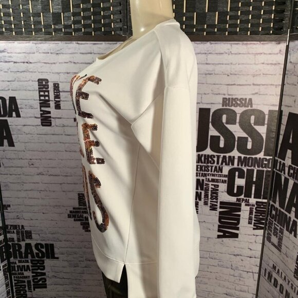 Juicy Couture M Vanilla Sequin Statement "I Woke Up Like This" Long Sleeve Top - Picture 3 of 6